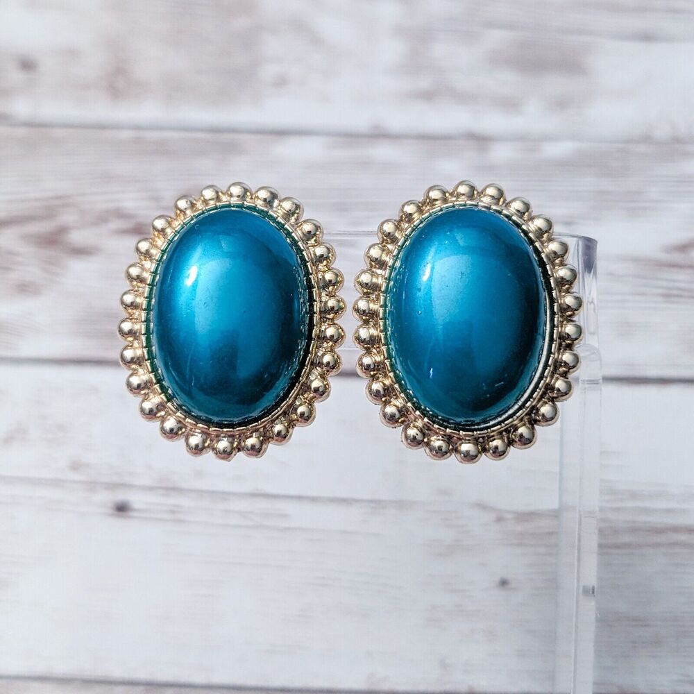 Vintage Clip On Earrings - Metallic Blue Center Oval Shape Large Statement